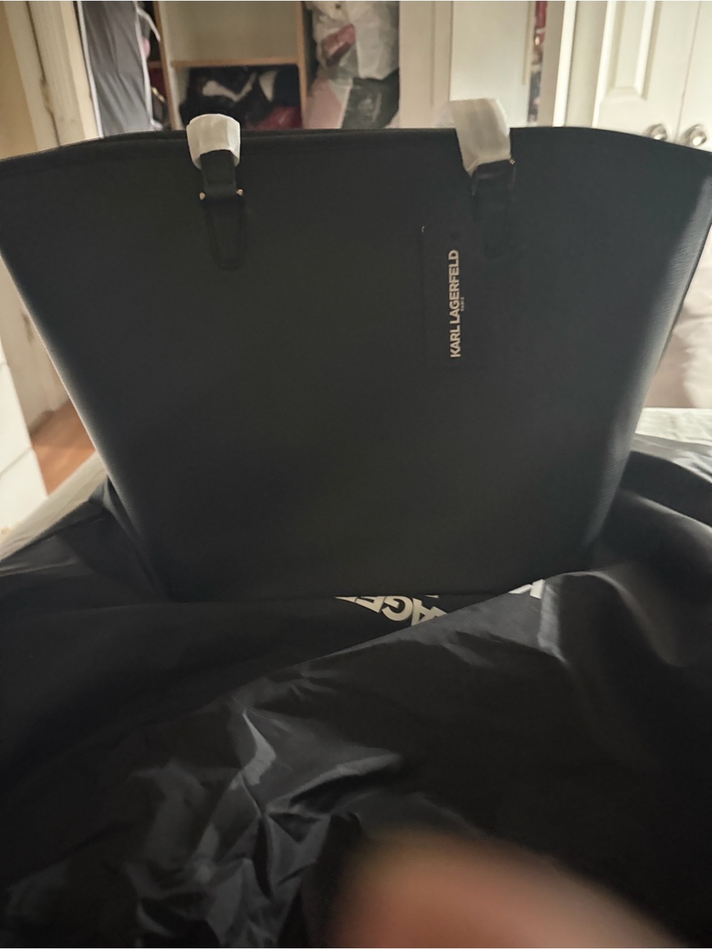 Karl Lagerfeld Black Leather Tote with Logo Tag